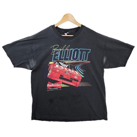 Vintage Nascar Bill Elliott Shirt XL Black Faded Stained Racing 90s Budweiser - Picture 1 of 14